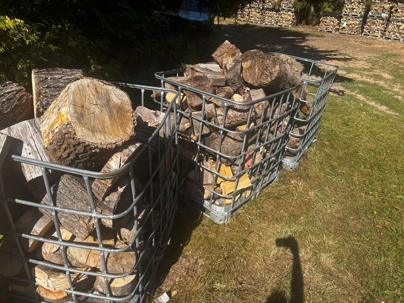 Gitterboxen mit Brennholz auf einer Wiese