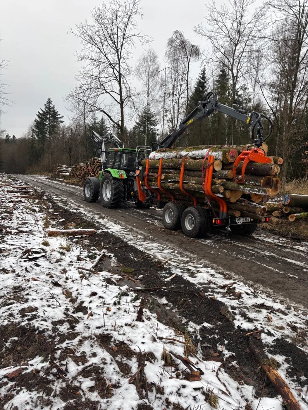 Rückearbeit im verschneiten Wald